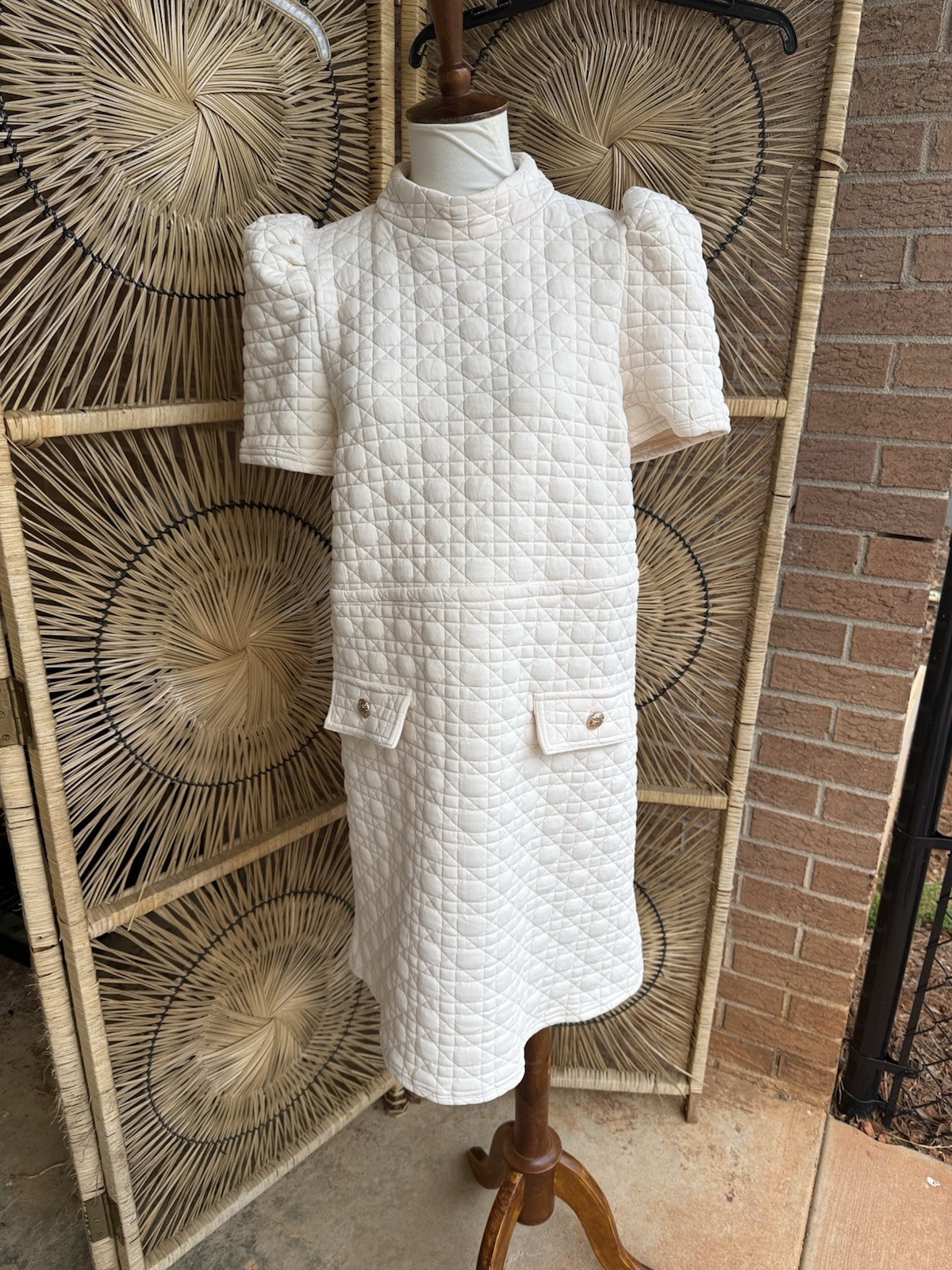 THML Quilted Dress Womens Small Ivory Puff Sleeve Mini Cottagecore Textured