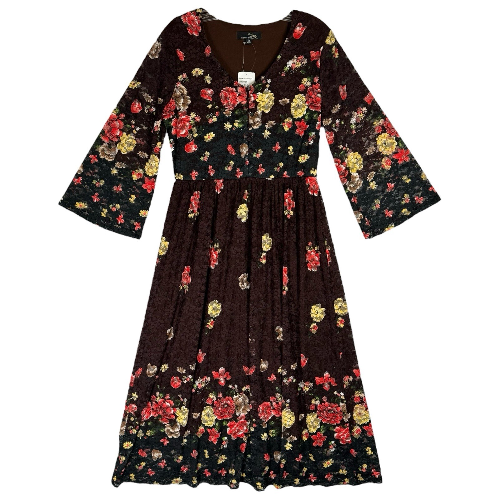 NWT Boho Floral Lace Midi Dress Size M Bell Sleeve Cottage Fairy Suzanne Betro