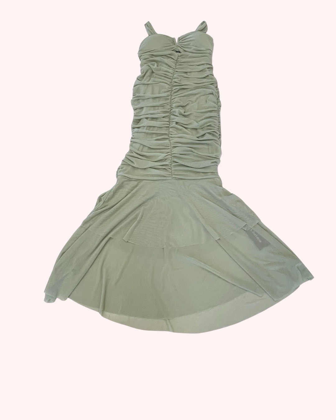 Chartou Sage Green Mesh Maxi Dress Ruched Mermaid L Wedding Guest Evening