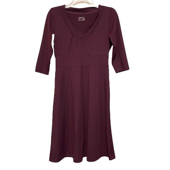 Eddie Bauer Travex Dress Purple Knit Fit & Flare V Neck 3/4 Sleeve Stretch Sz S