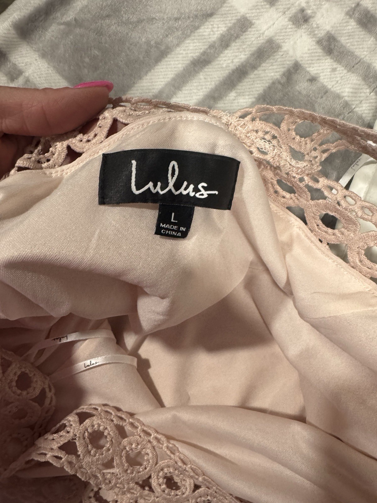 Lulu’s Any Sway Blush Pink Halter Mini Dress Crochet Trim Open Back Size L