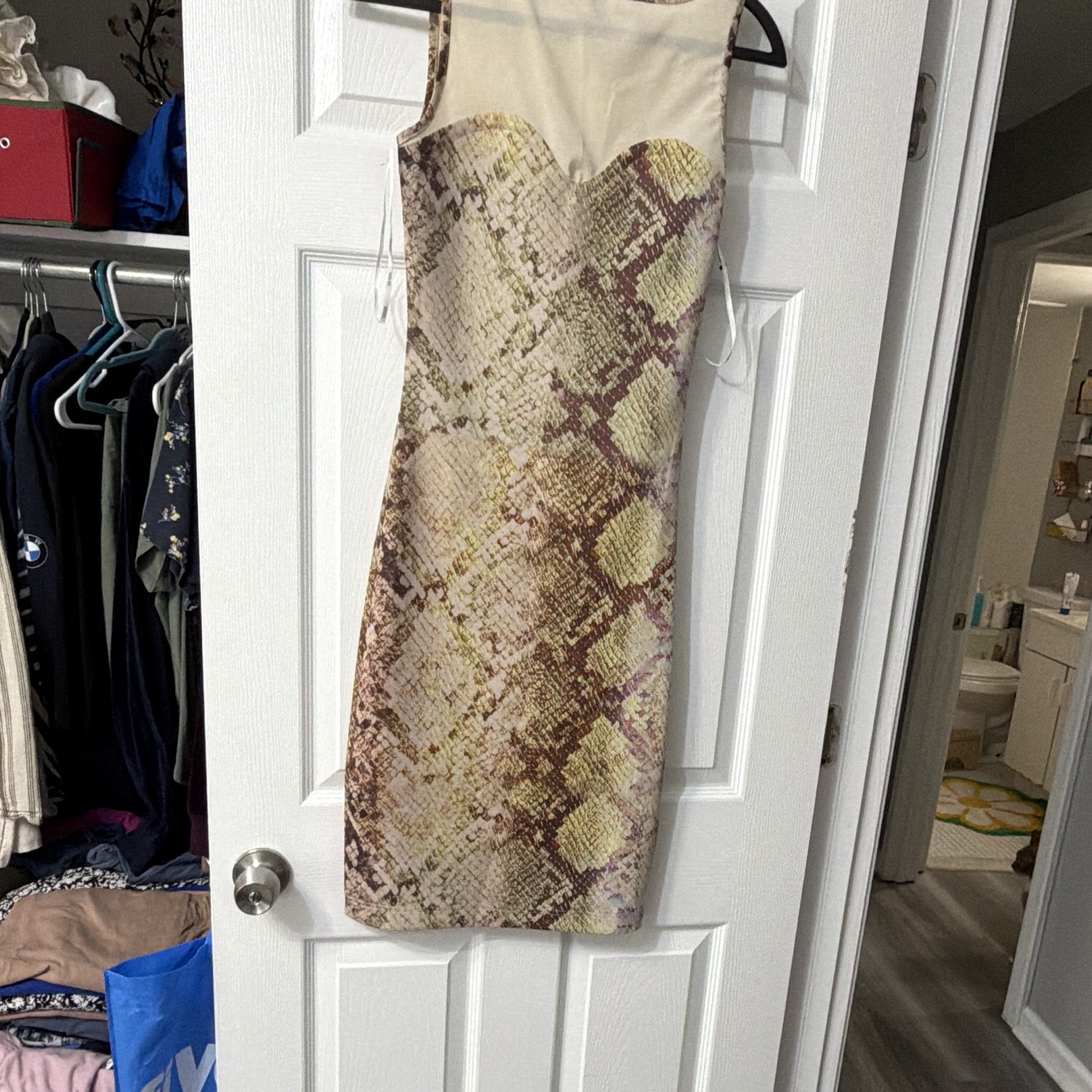 GUESS Beige/Brown Snake Print Sheer Mesh Sweetheart Sheath Dress Size S