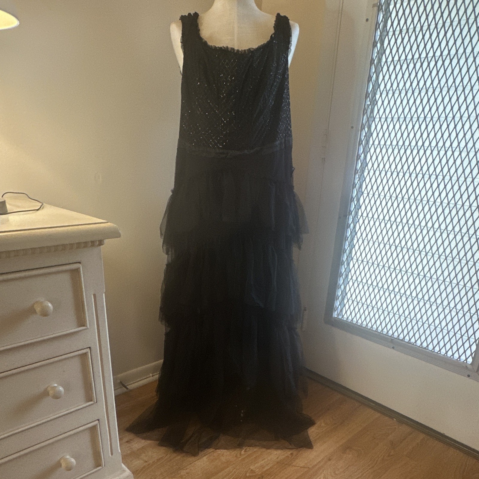 City Studio Size UK 22 Black Solid Beaded Layered Tulle Sleeveless Long Gown