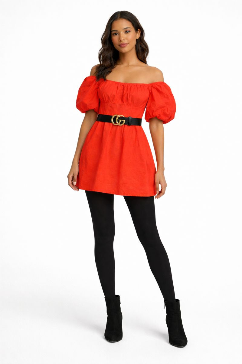 Women’s Off Shoulder Puff Sleeve Mini Dress, Red, Size Medium