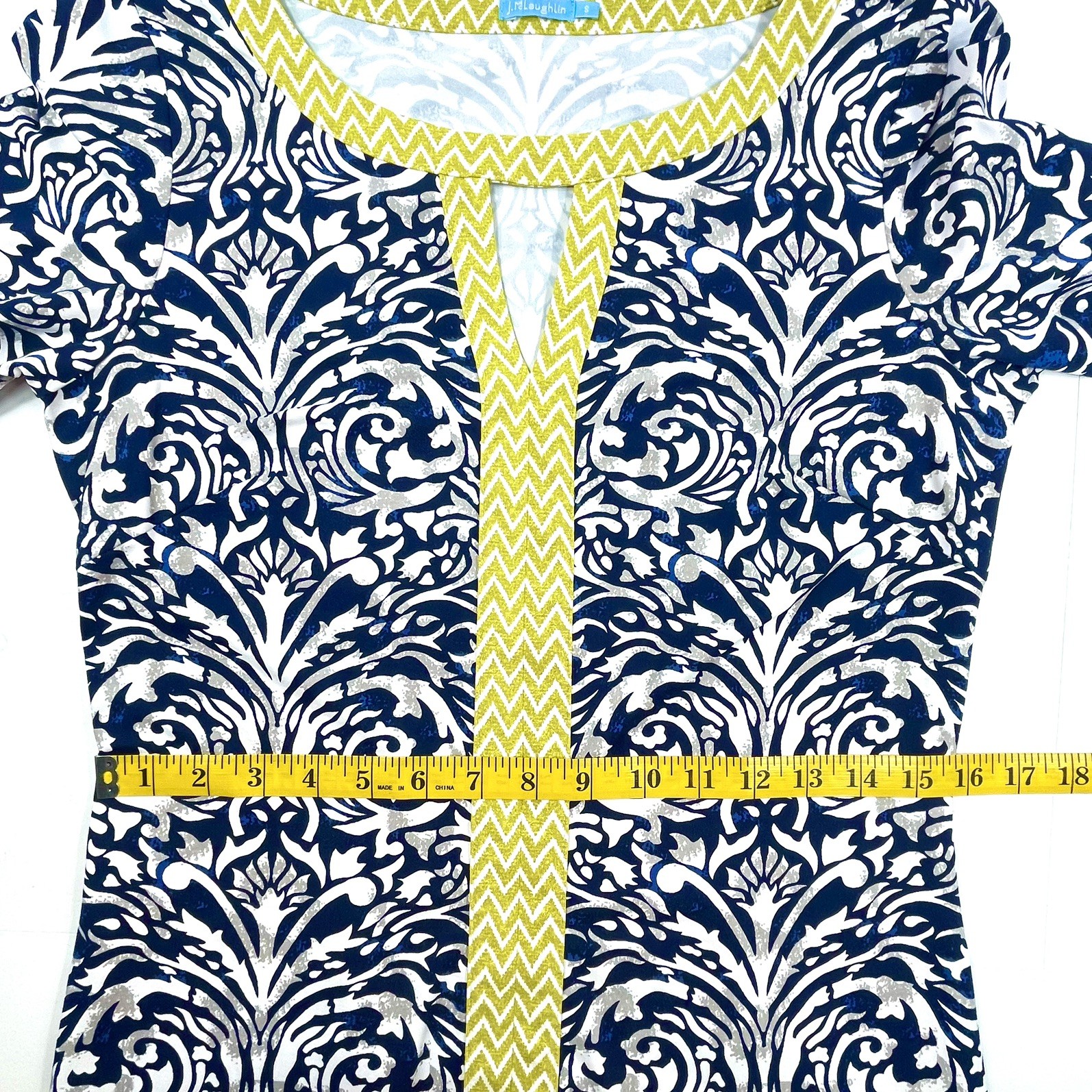 J. MCLAUGHLIN Catalina Cloth Dress Blue White Scroll Yellow Cheveron Size Small