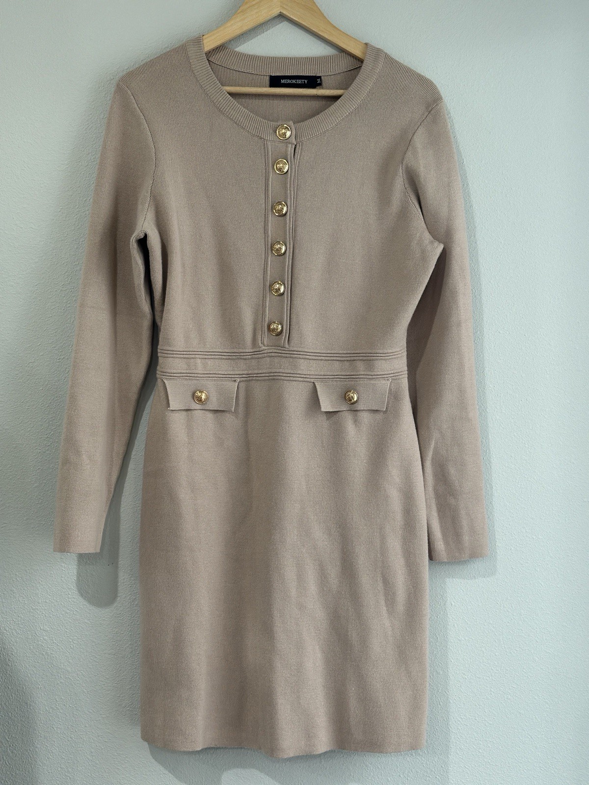 Merokeety Women’s Long Sleeve Bodycon Sweater dress Size Medium Light Brown
