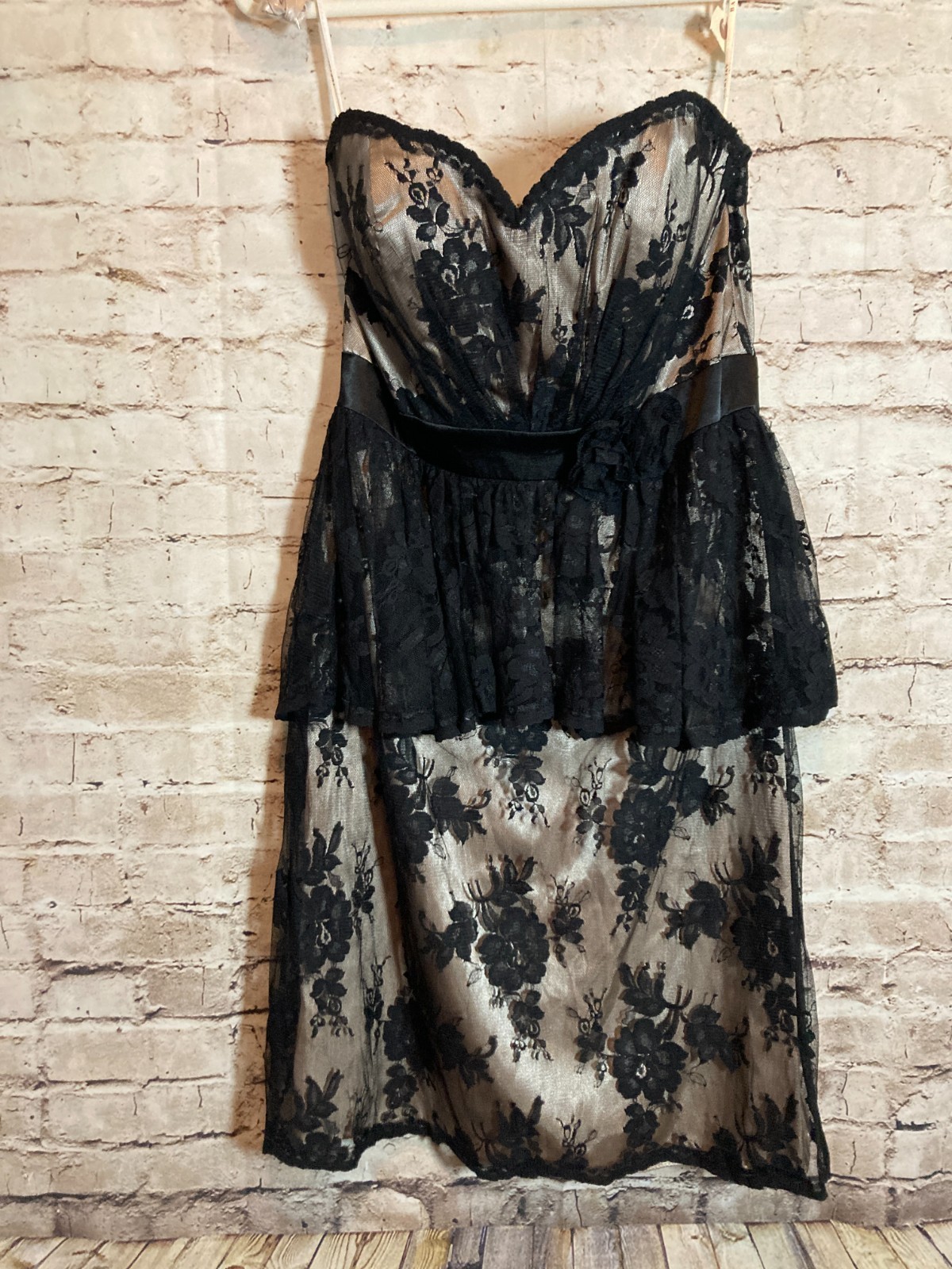 Bari Jay Dress Womens 14 Black All Over Lace Strapless Whimsigoth Grunge Party