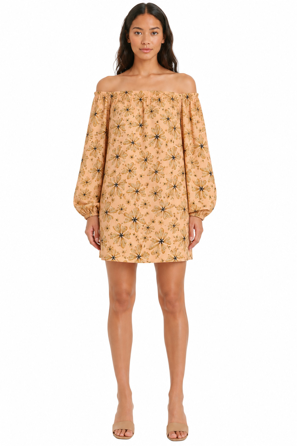Key Leaf 100% Silk Floral Puff Sleeve Mini Dress Women’s Size M Off Shoulder