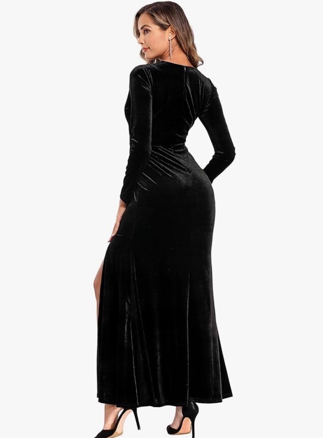 Ababalaya M Black Velvet Wrap Party Dress Long Sleeve VNeck Maxi Slit