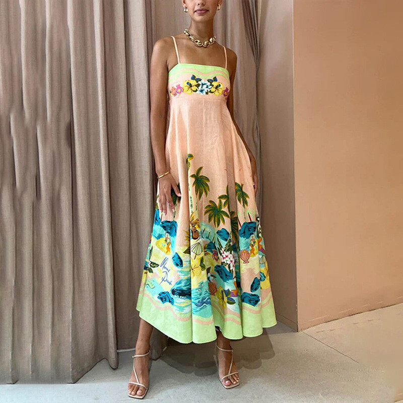 Spring Women’s New Style Elegant High Waist Printed Strap Casual Fashion Dress