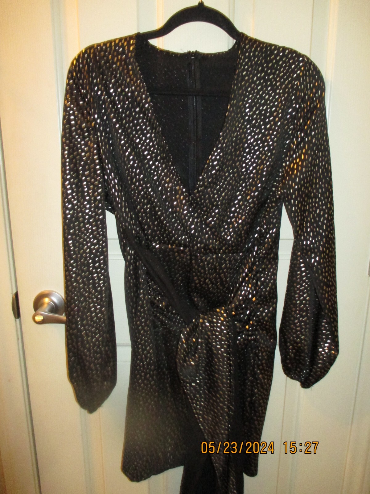 NEW COTTON POLY BLACK&GOLD SPECK MINI DRESS! CROSS OVER TOP WIDE TIE BOW SIZE XL