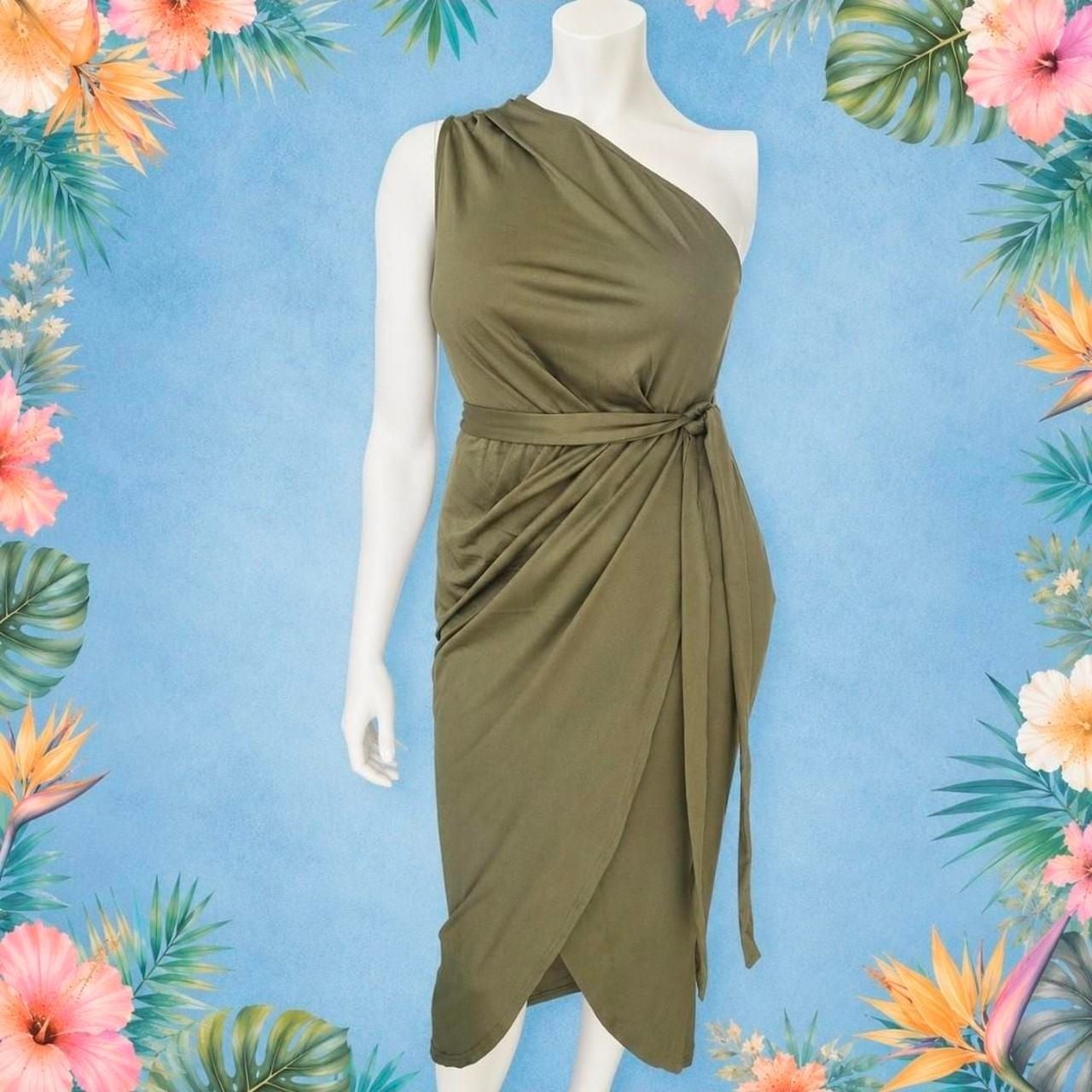 Olive Green One-Shoulder Midi Dress with Tie Waist Size XL