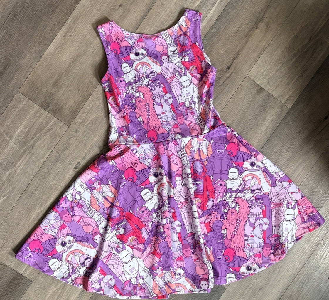 Star Wars Characters Sleeveless Skater Dress Womens Large Pink Purple Rey BB8