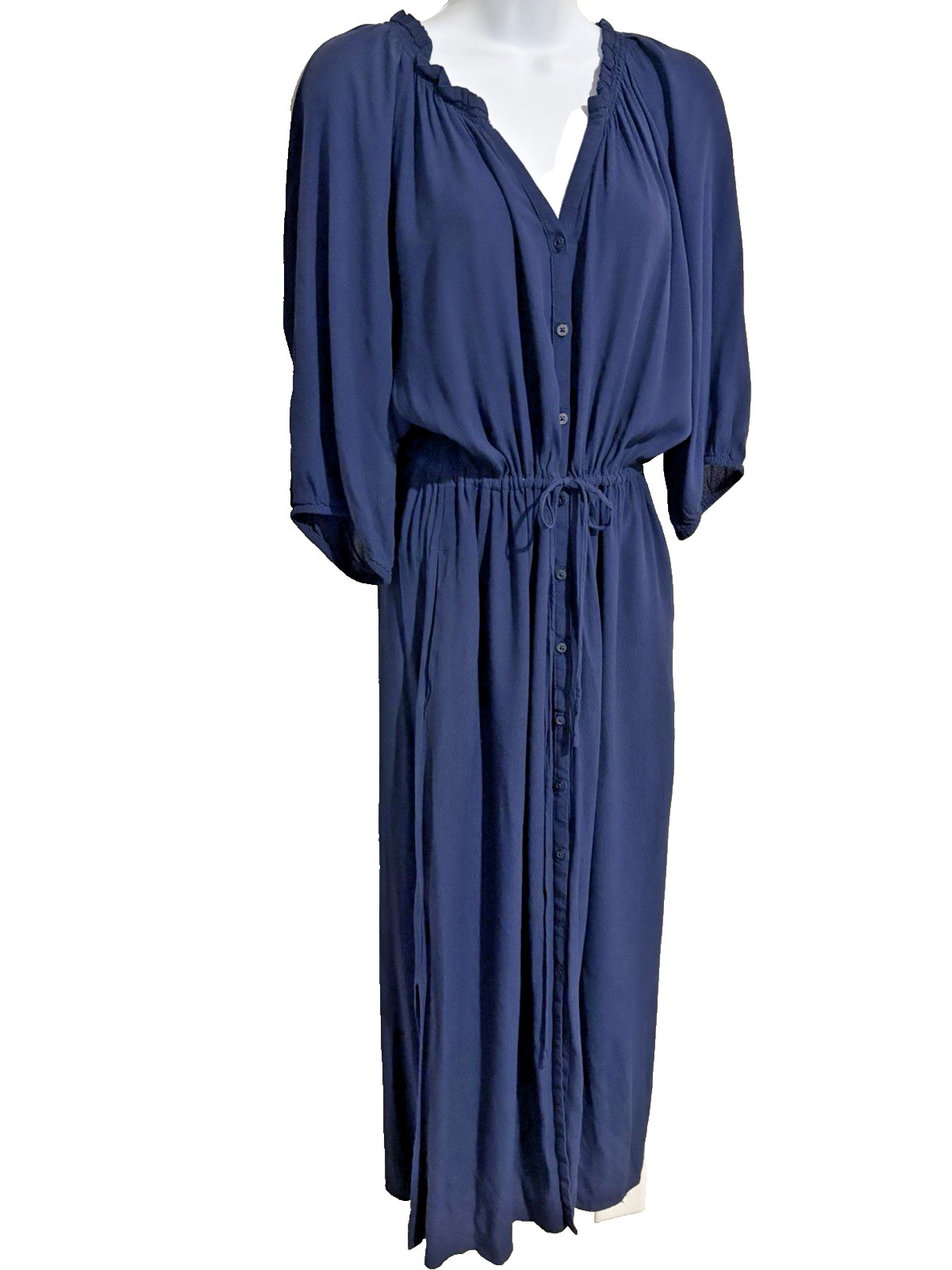 GAP Navy Maxi Dress~M~Button Front Rayon Crepe Tie Waist Versatile Office Party