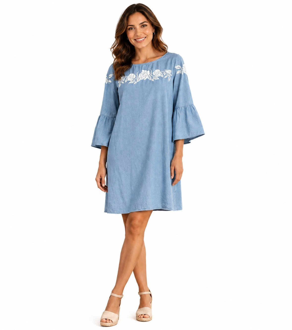 Jones New York blue denim embroidered floral bell sleeve shift dress Size 6