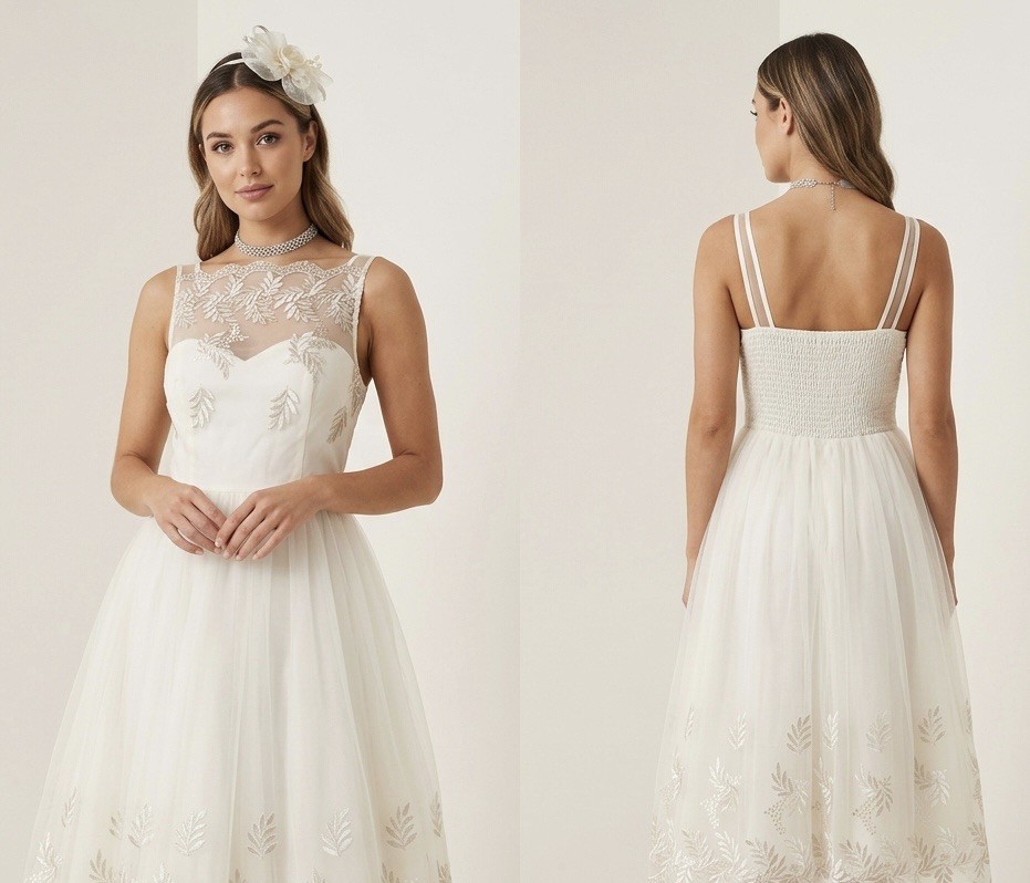 Little Mistress cream netted embroidered wedding knee length dress 10
