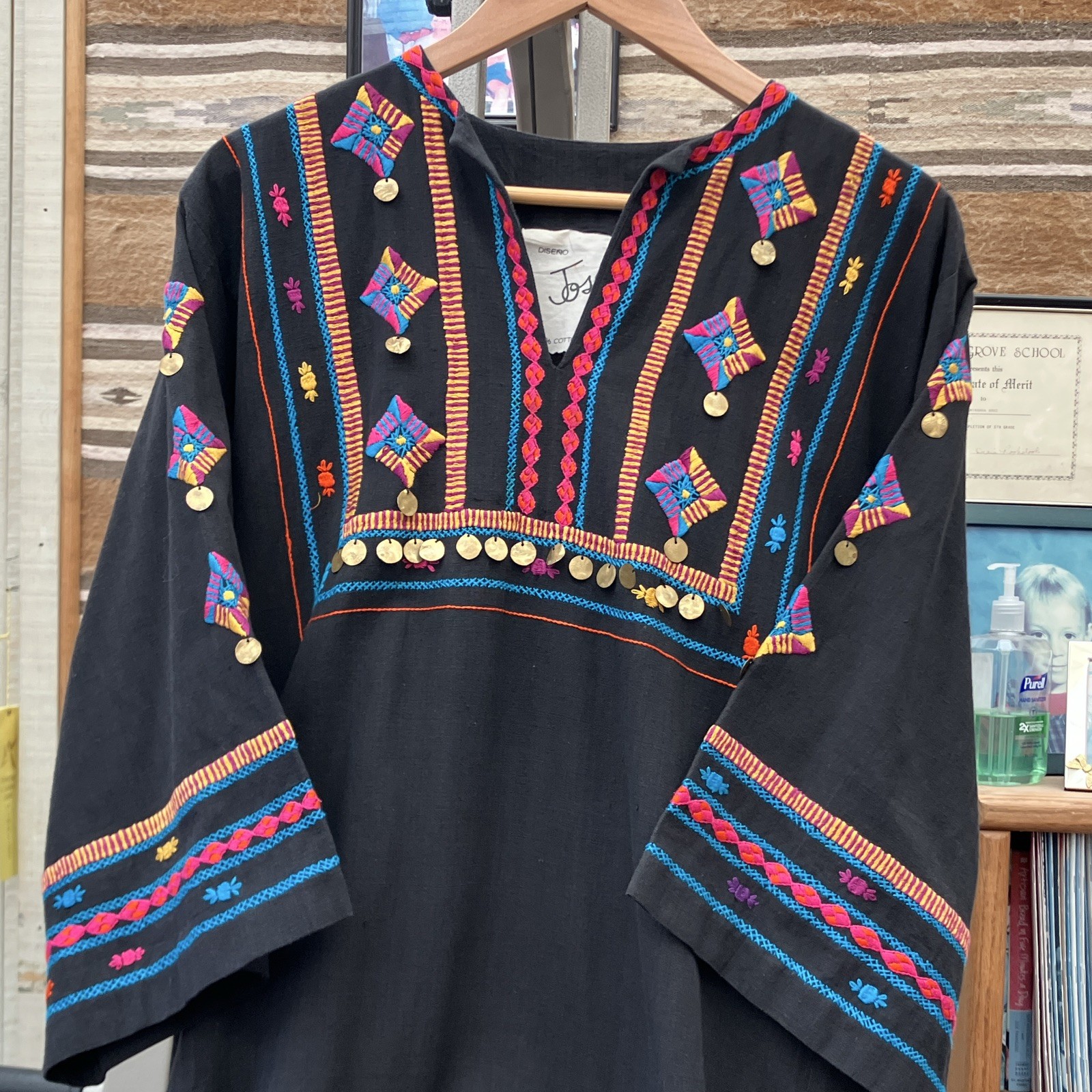 Diseño Josefa Black Maxi Dress V-Neck 3/4 Sleeve Embroidered Coin Cotton XL