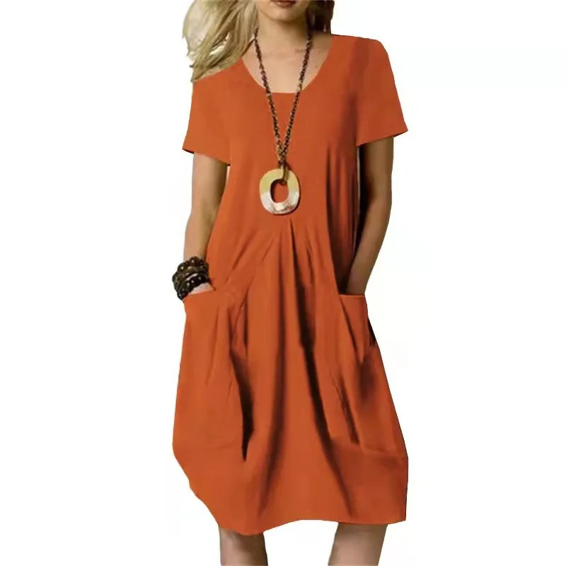 Women Round Neck Short Sleeve Double Pocket Loose Cotton Linen Knee Length Dress