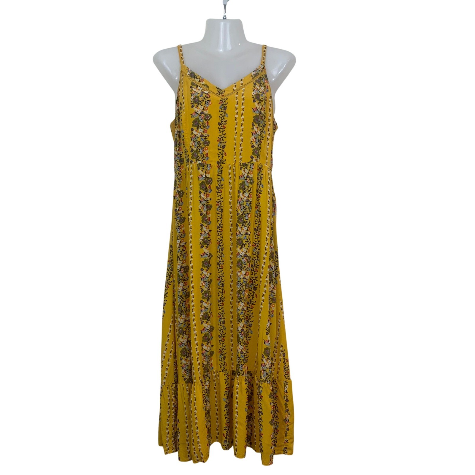 Old Navy Women’s M Mustard Yellow Floral Stripe Smocked Tiered Maxi Dress Boho