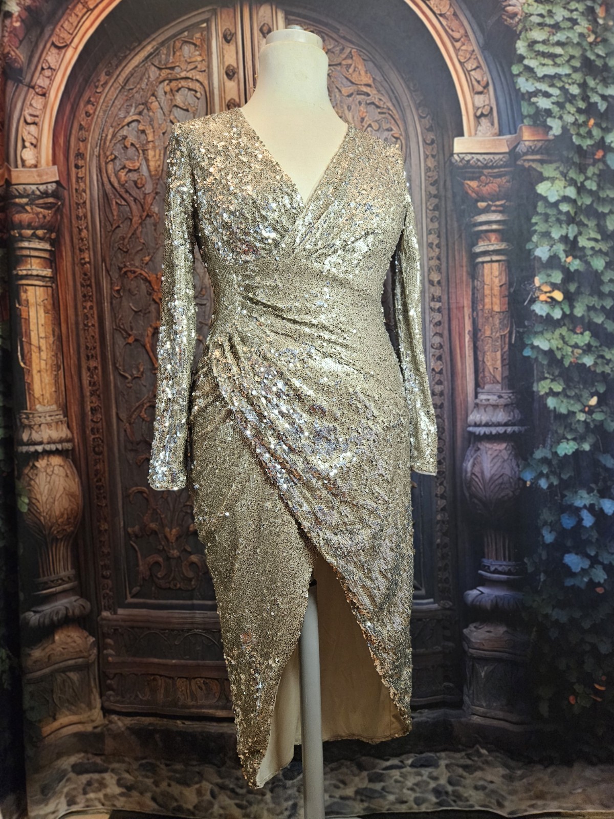 TFNC SARALEE MIDI Gold Silver Sequin Faux Wrap Dress Red Carpet UK 12 USA 8