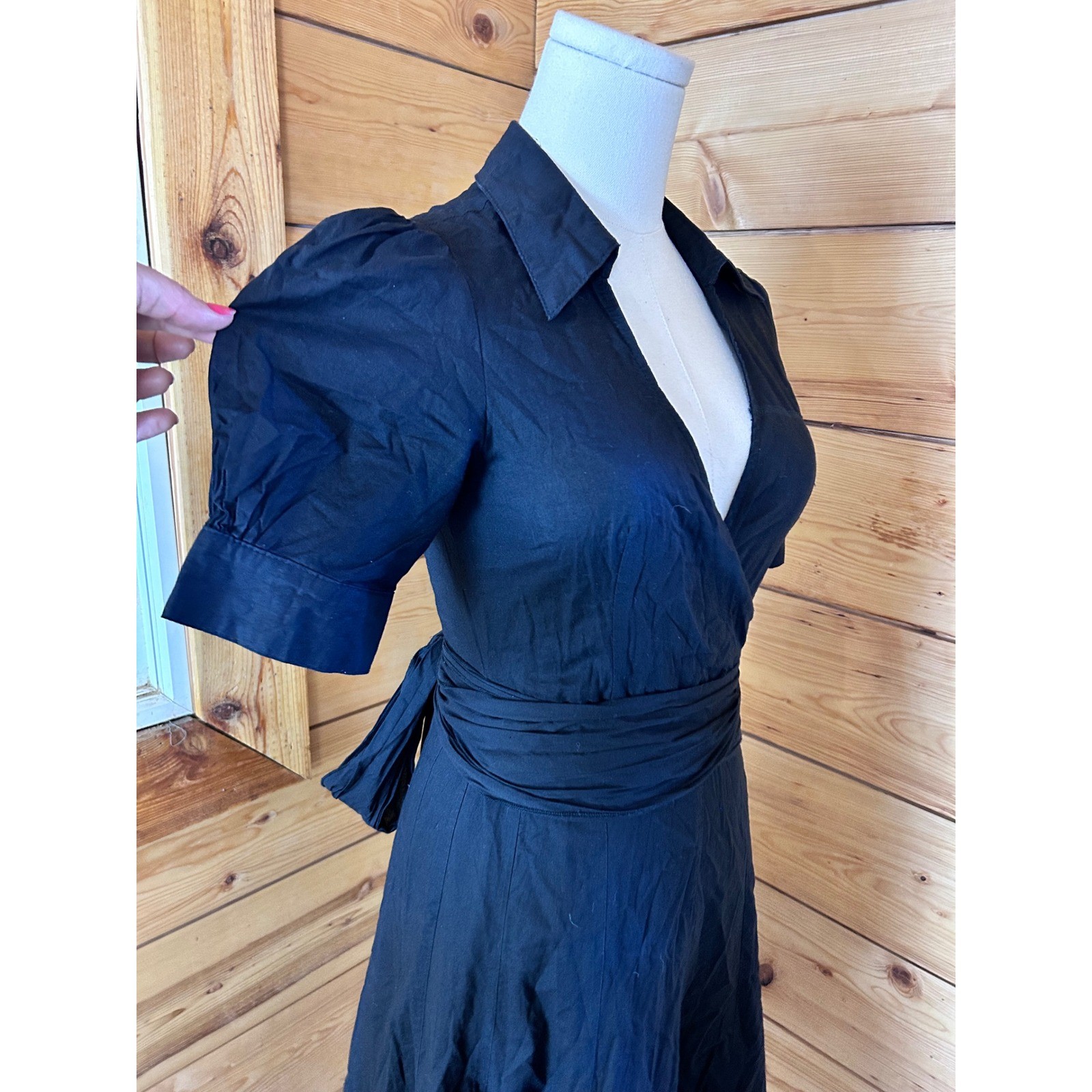 Vintage Wrap Midi Dress Womens Small Black Cotton Puff Sleeve Feline Cotage Trad