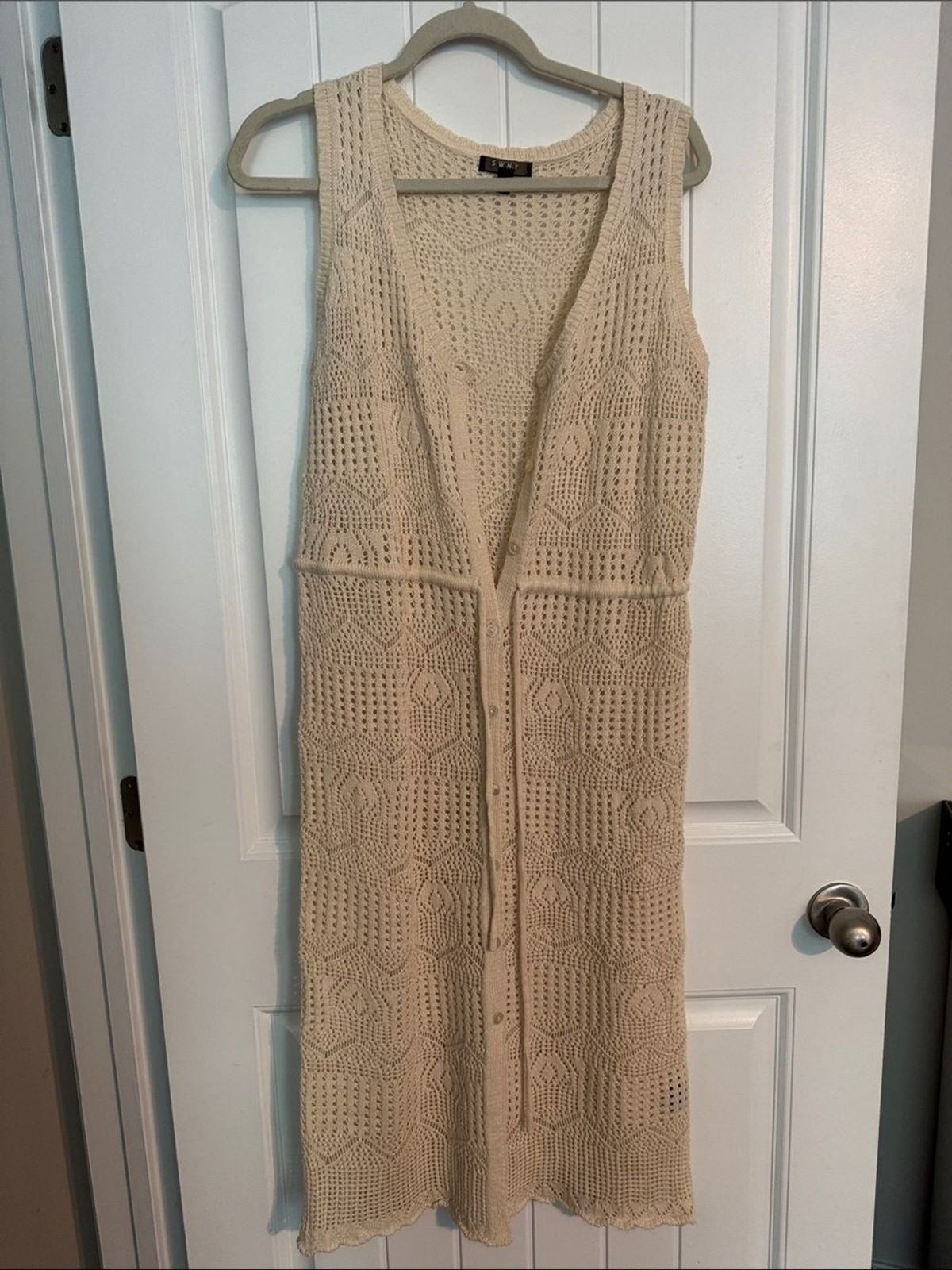 Crochet Midi Vest Sweater with Waist Tie in Cream