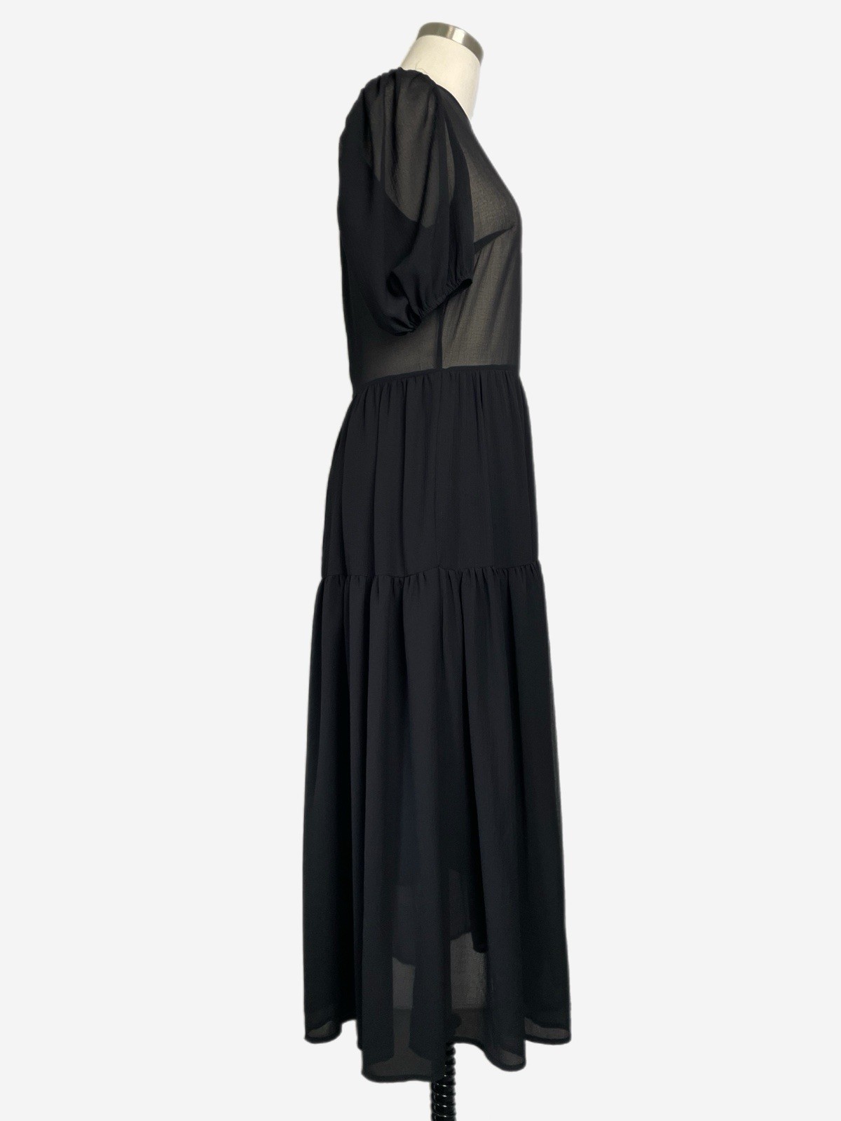 Never Fully Dressed Black Abigail midi dress puff sleeve sheer tiered textured 4
