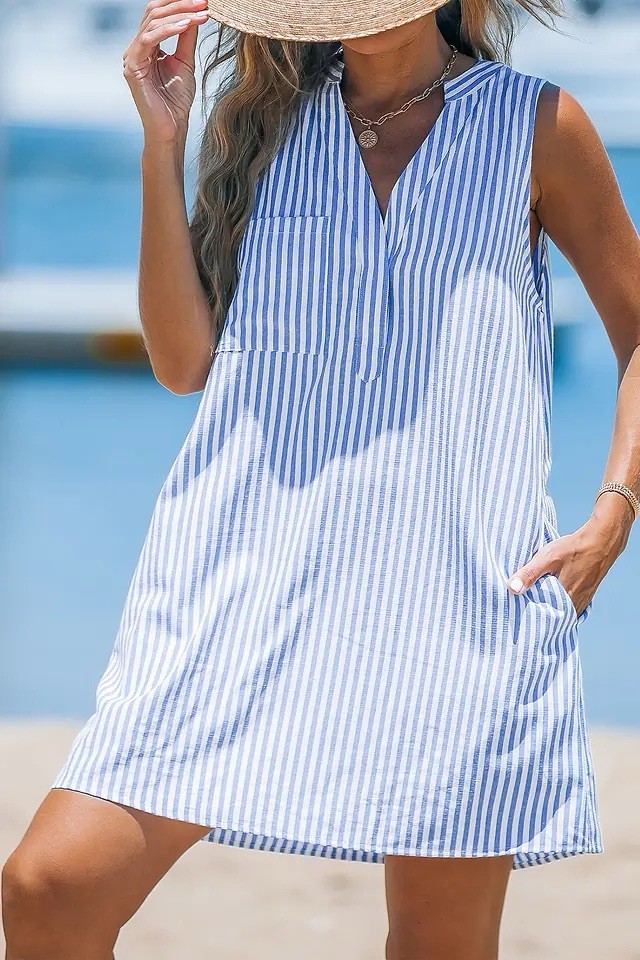 Cupshe Womens Blue & White Stripe Sleeveless V-Neck Mini Beach Summer Dress 003