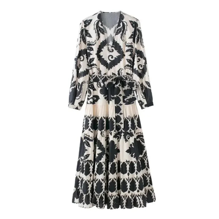 ZARA Black Ivory White Floral Maxi Ruffle Dress Puffy Sleeve Boho Art To Wear M