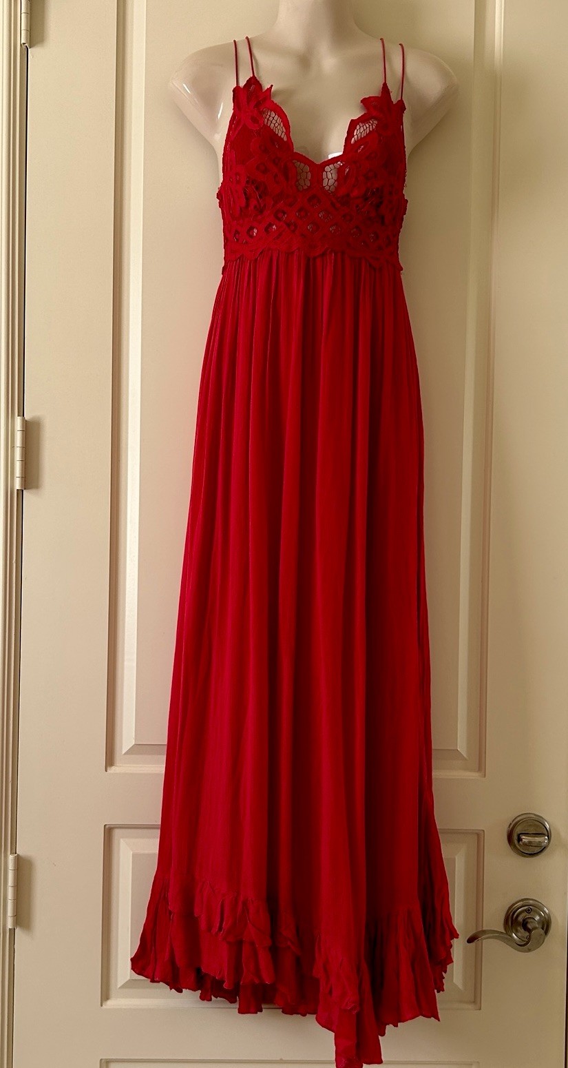 FREE PEOPLE “Adella” Maxi Slip Dress With Lace Top, Bright Red, Size XS, NEW