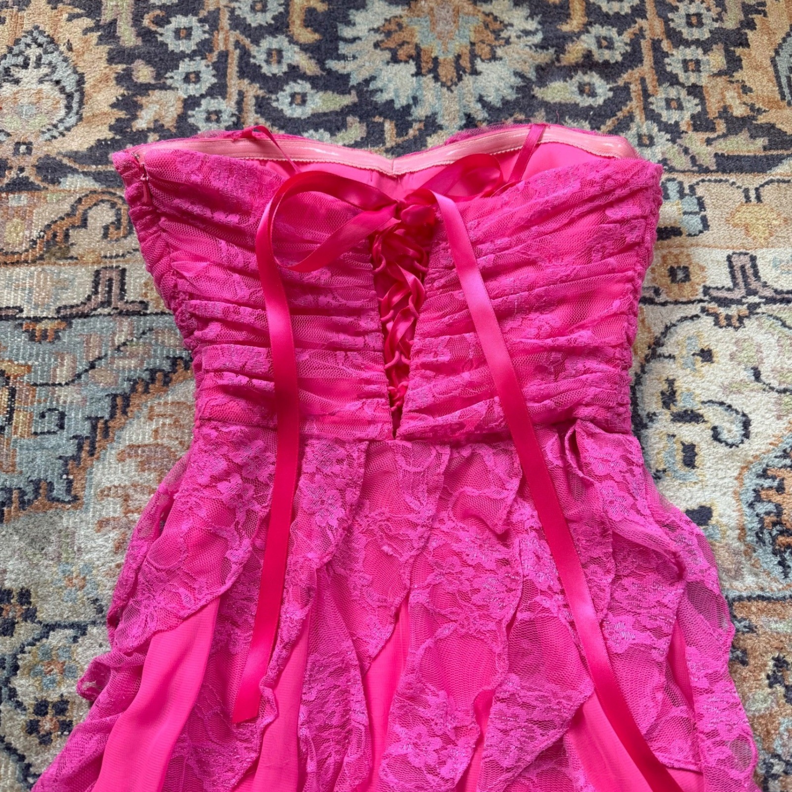 Hailey Logan Adrianna Papell Hot Pink Lace Corset Dress Ruched Ruffle Mini XS