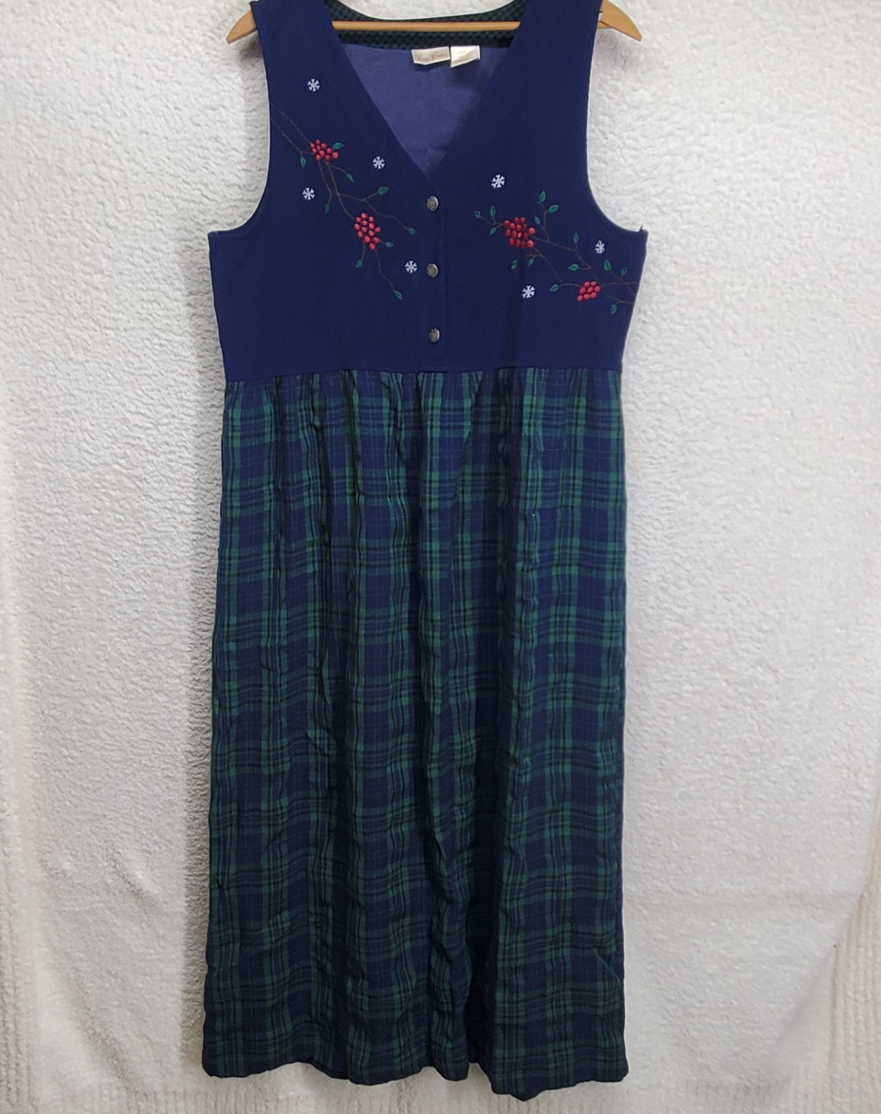 Vtg Bobbie Brooks Womens Jumper Dress Large Blue Embroidery Plaid Corduroy Maxi