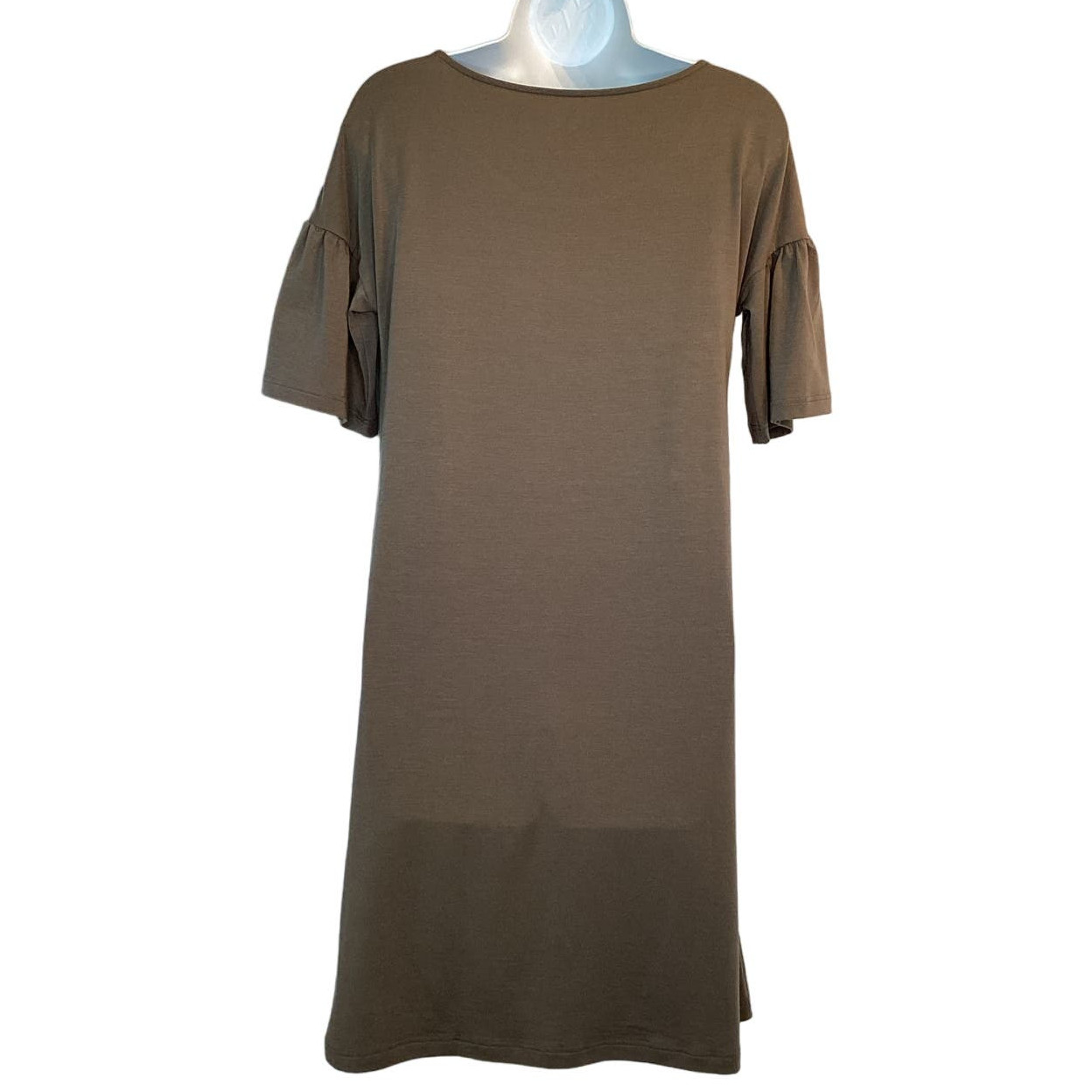 Garnet Hill Ruffle Short Sleeve Stretch Knee Length Knit Dress Brown Size XSmall