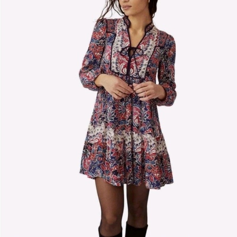 Anthropologie Spliced Tunic Dress Red & Blue Paisley Long Sleeve Medium Petite