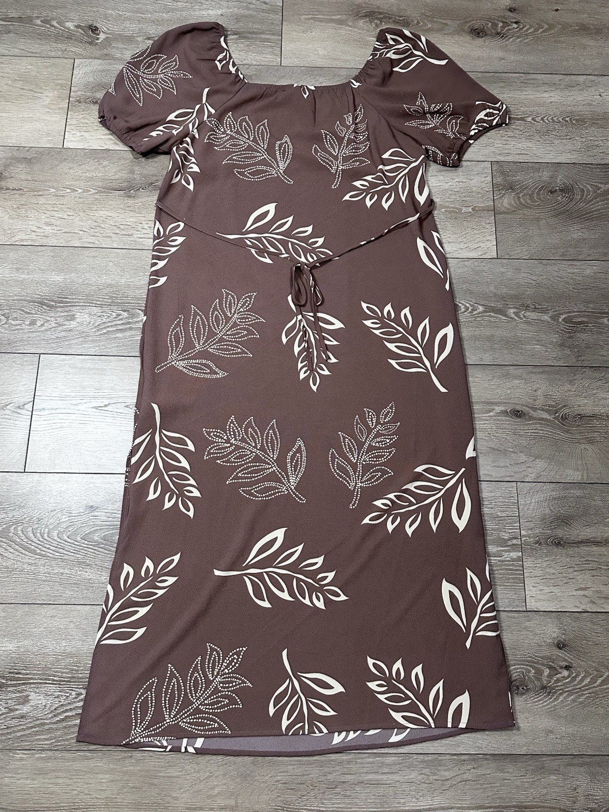 Absolutely Famous XL Square Neck Puff Sleeve Neutral Leaf Print Midi Dress Boho