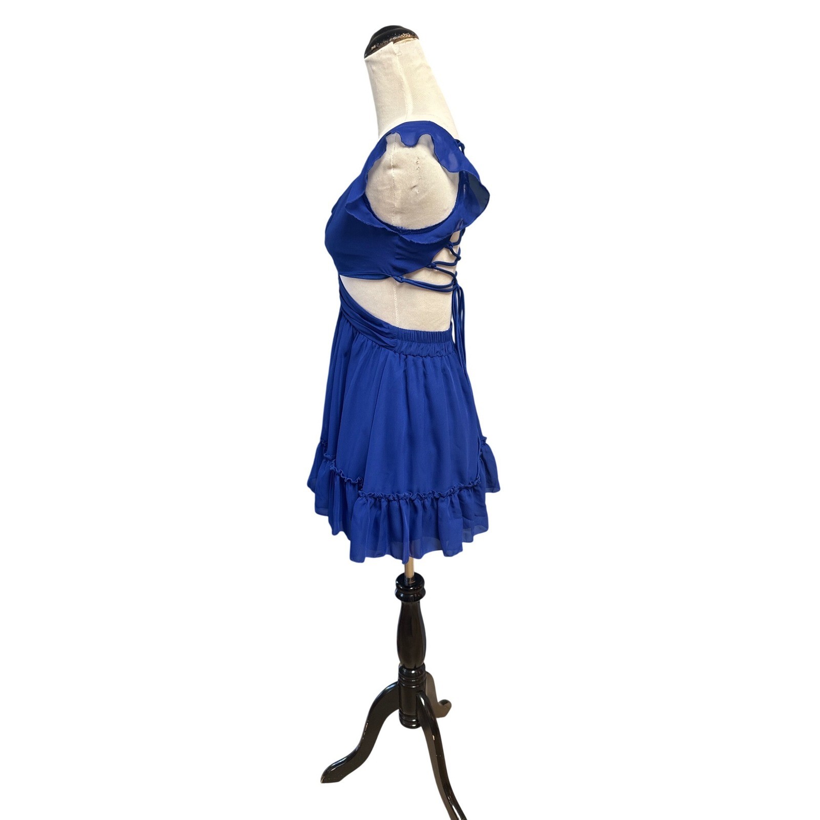 Lucy In The Sky Blue Lace Up Back Cut Out Ruffle Mini Dress Womens Size S