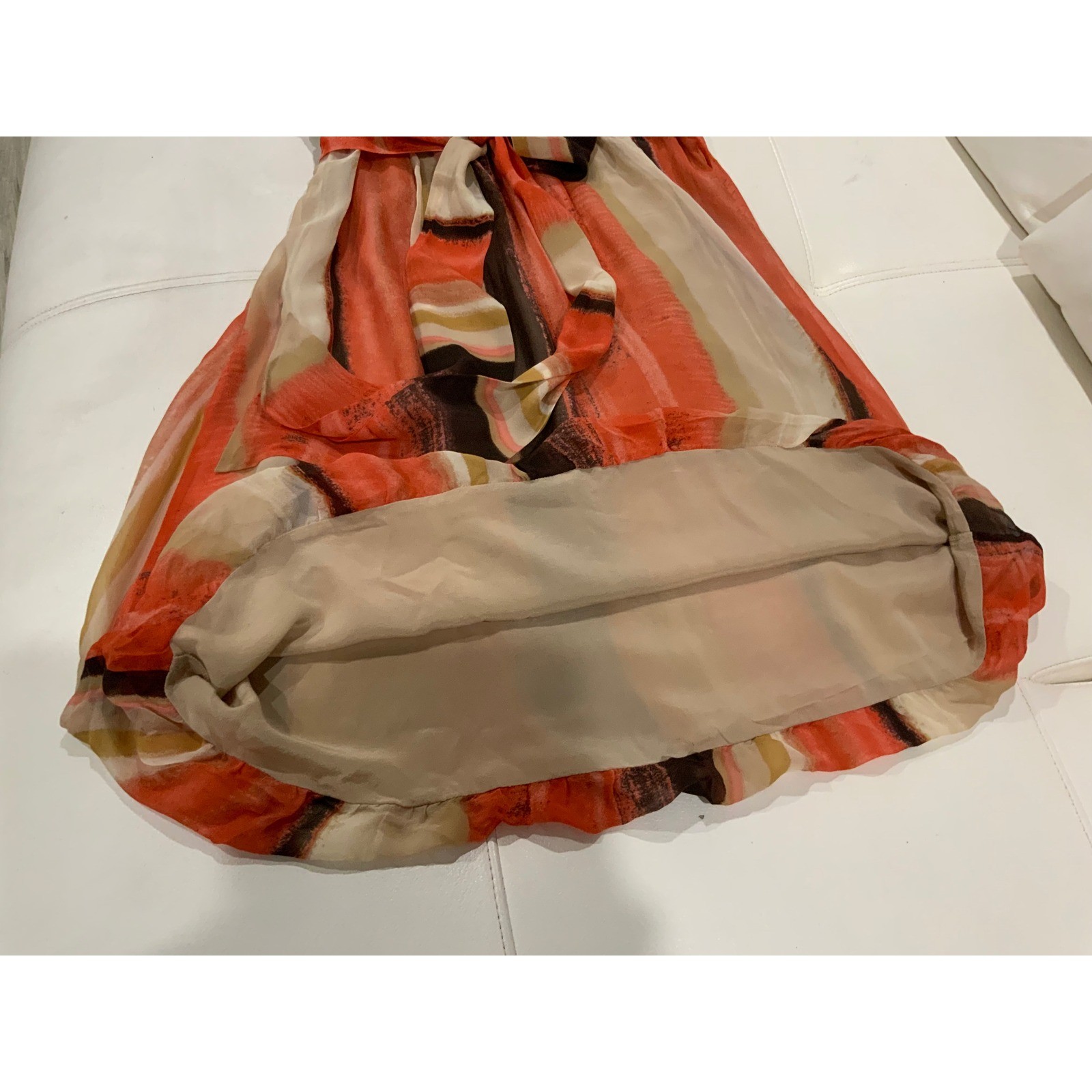 Orange Abstract Stripe Silk Halter Mini Dress V-Neck Empire Waist Bubble Hem