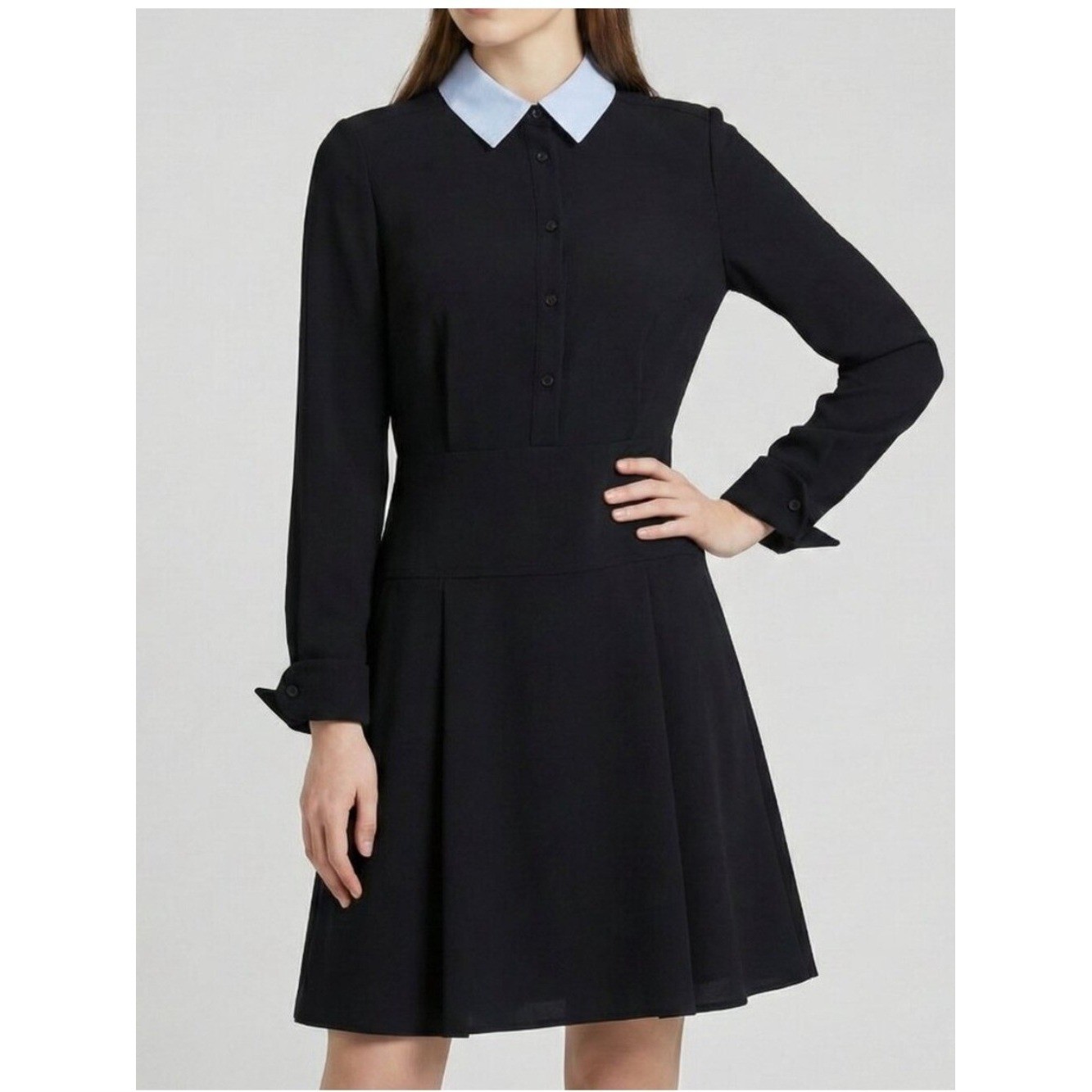 COACH 1941 Black Long Sleeve Button Up Shirt Dress Blue Contrast Collar Size 10