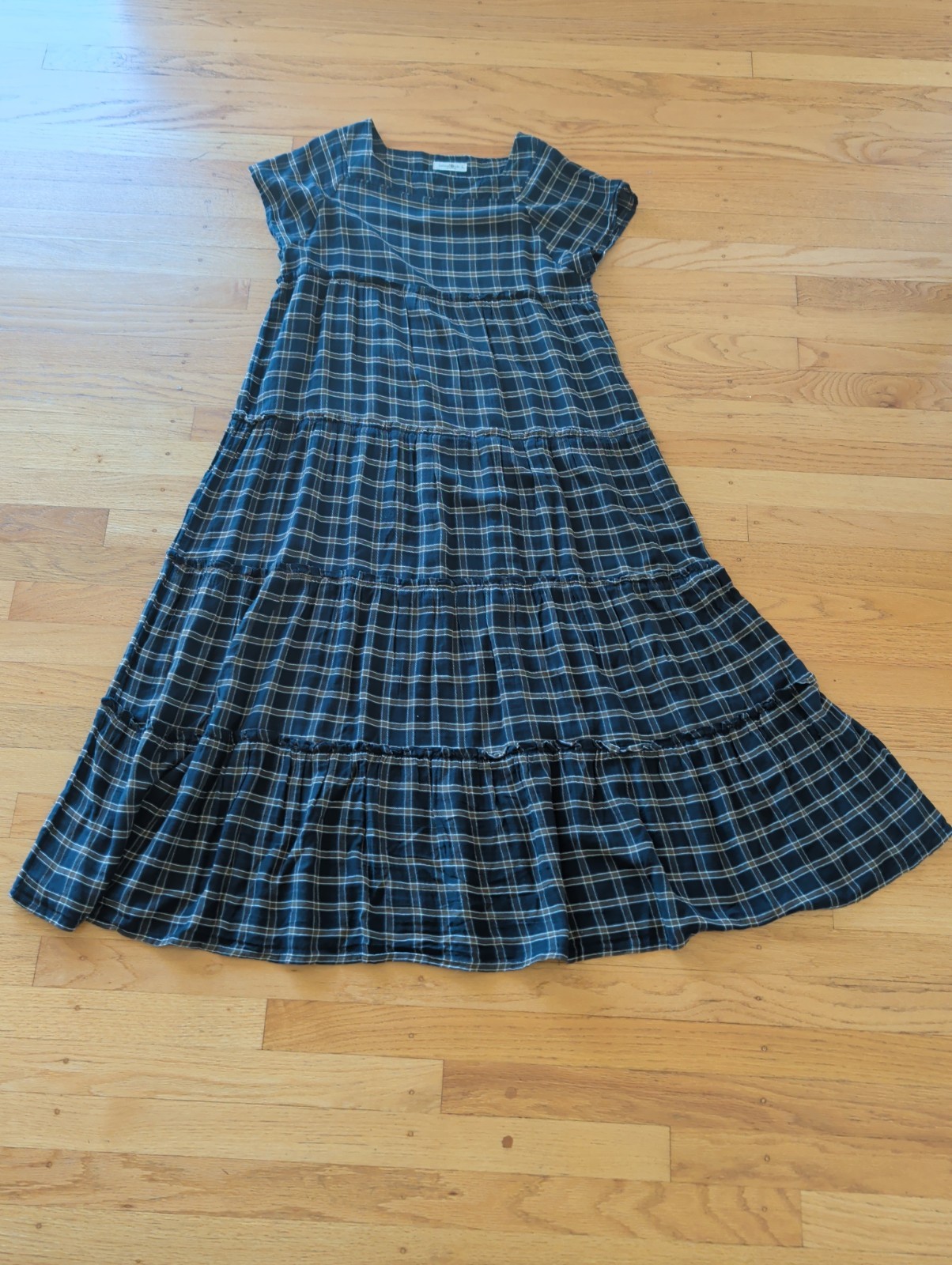 Natural Life Dress Large Berkley Plaid Tiered Maxi Boho Cottagecore Prairie M80