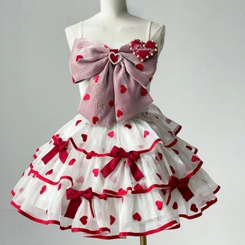 Victorian Lolita Dresses Cute Lace Bow Tank Tops Tiered Love Cake Skirt Suit