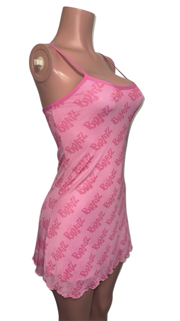 Brats X Dolls Kill Pink Logo Lined Mesh Party Costume Mini Dress S Glam 80’s
