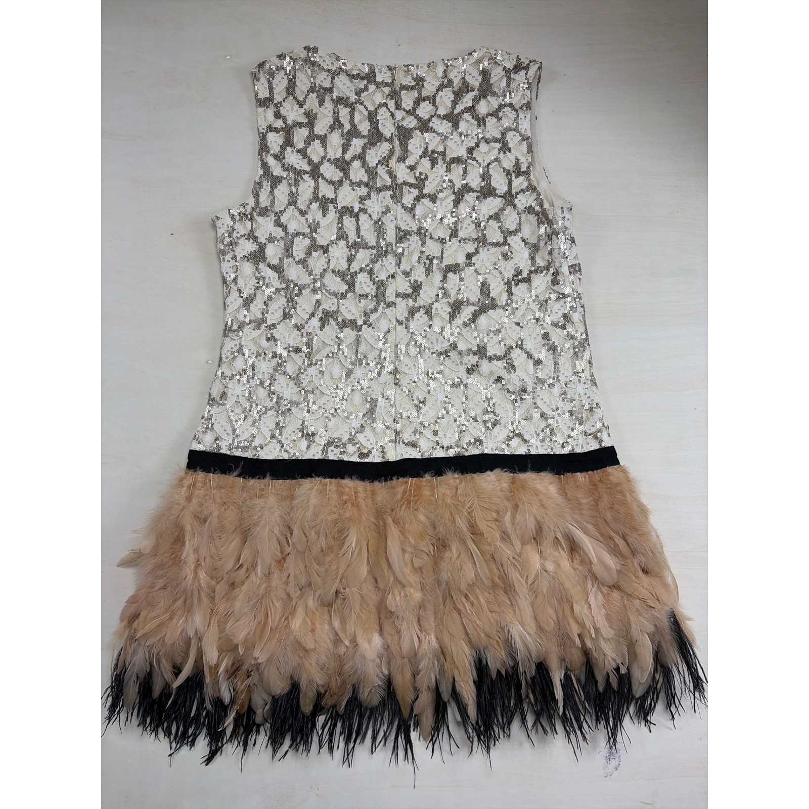 C. Luce Sequin Lace Feather Hem Mini Dress Cream Tan Black Size Large