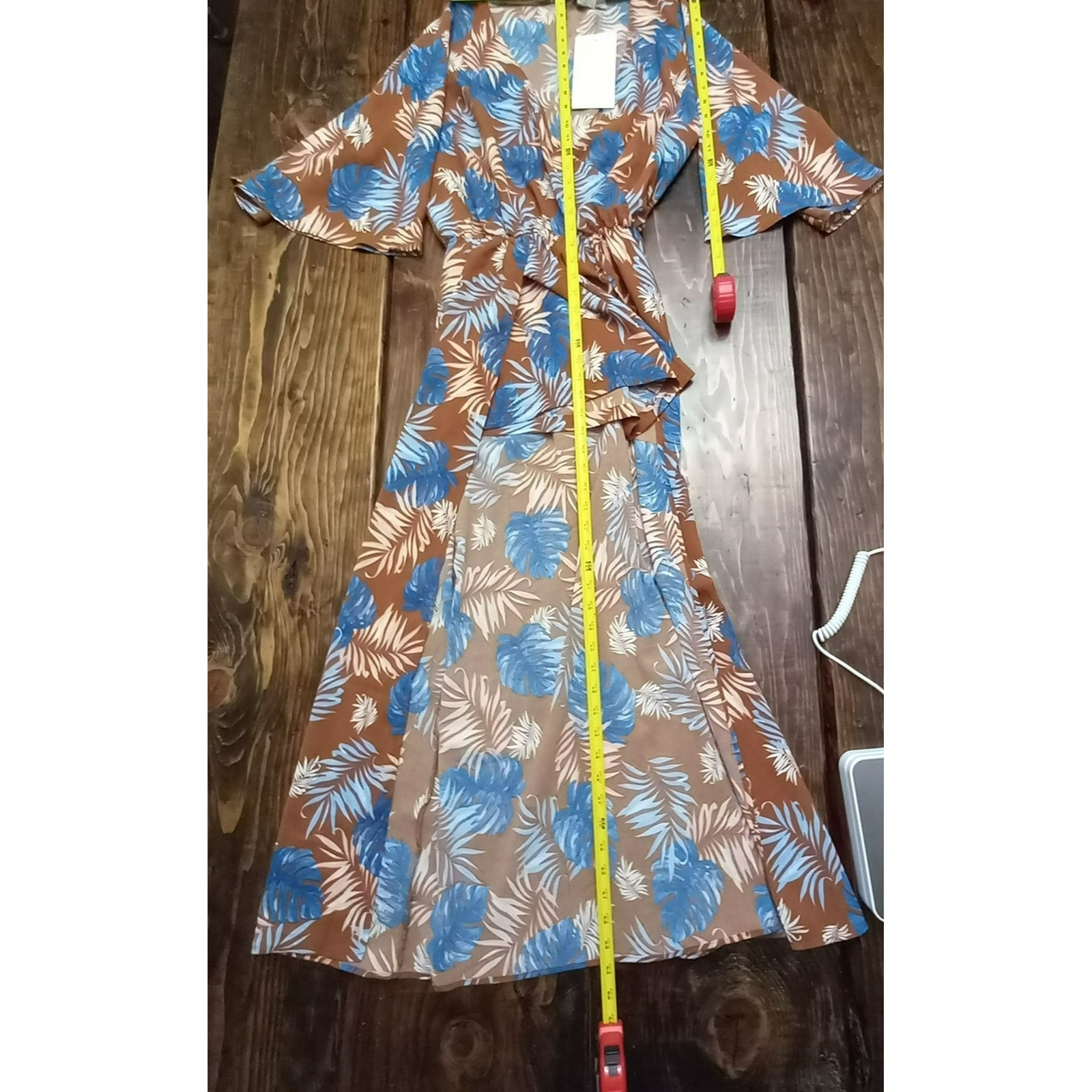 BluHeaven Mini Maxi Dress Women Small Tropical Beachy Boho V Neck Brown Blue NWT