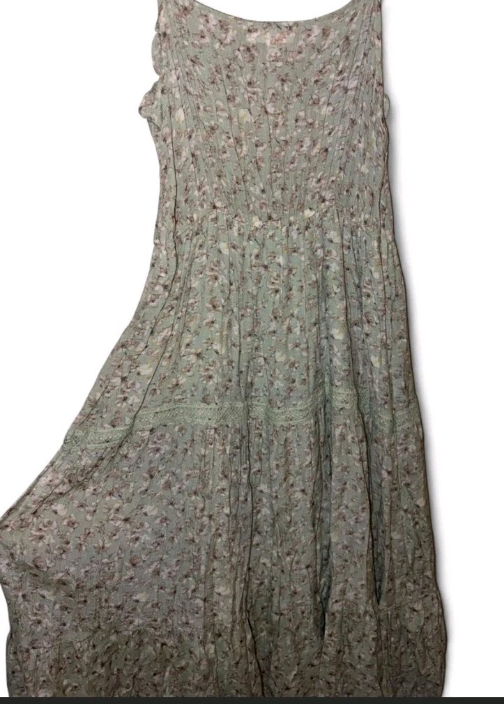MINE Floral Boho Festival Spring Maxi Dress Mint Green Tiered Lace Trim SZ M