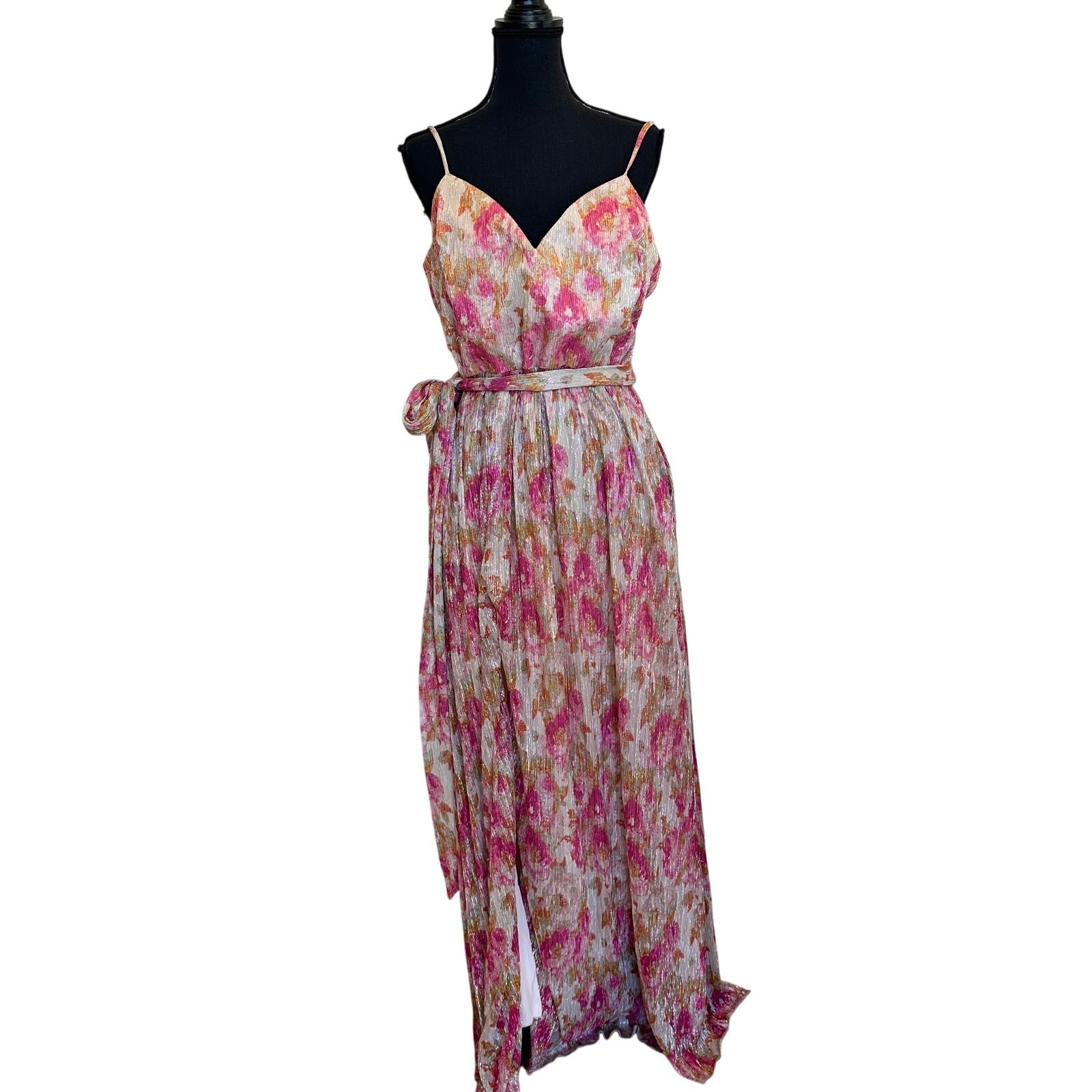 Dress the Population Floral Pleated Maxi Dress XS Metallic Plisse Slip Gown $268