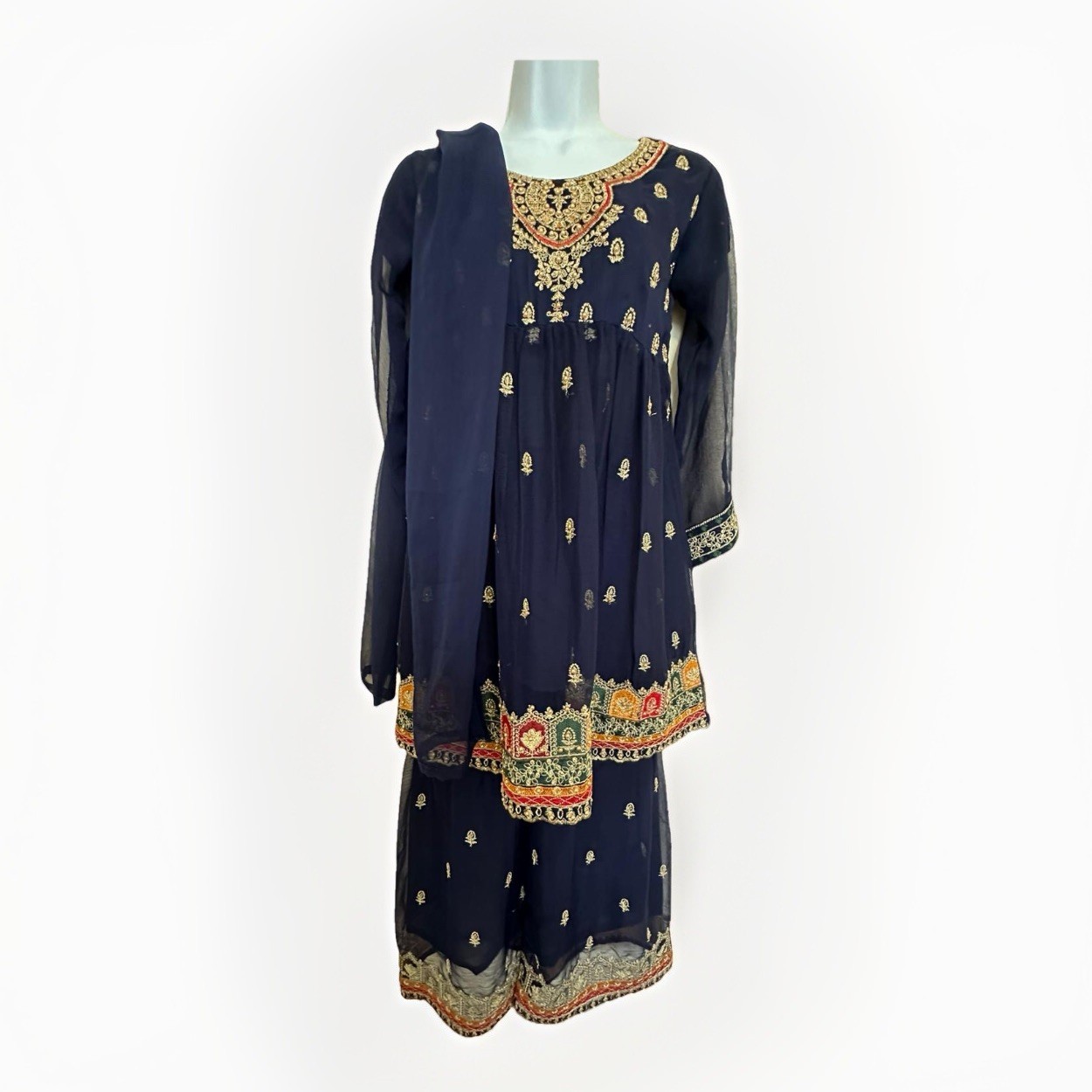 AFGHAN LADIES DRESS FOLK ASIAN SHALWAR KAMEEZ NAVY BLUE WOMEN UK 12 S