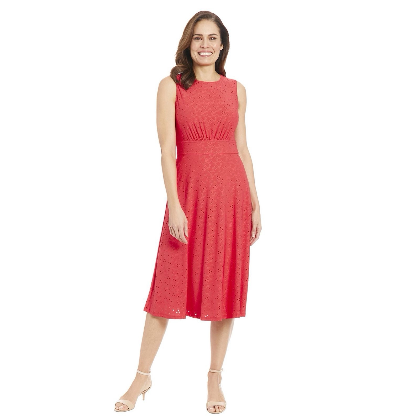London Times Pink Eyelet Midi Dress Sleeveless Fit Flare Pleated Size 12 Office