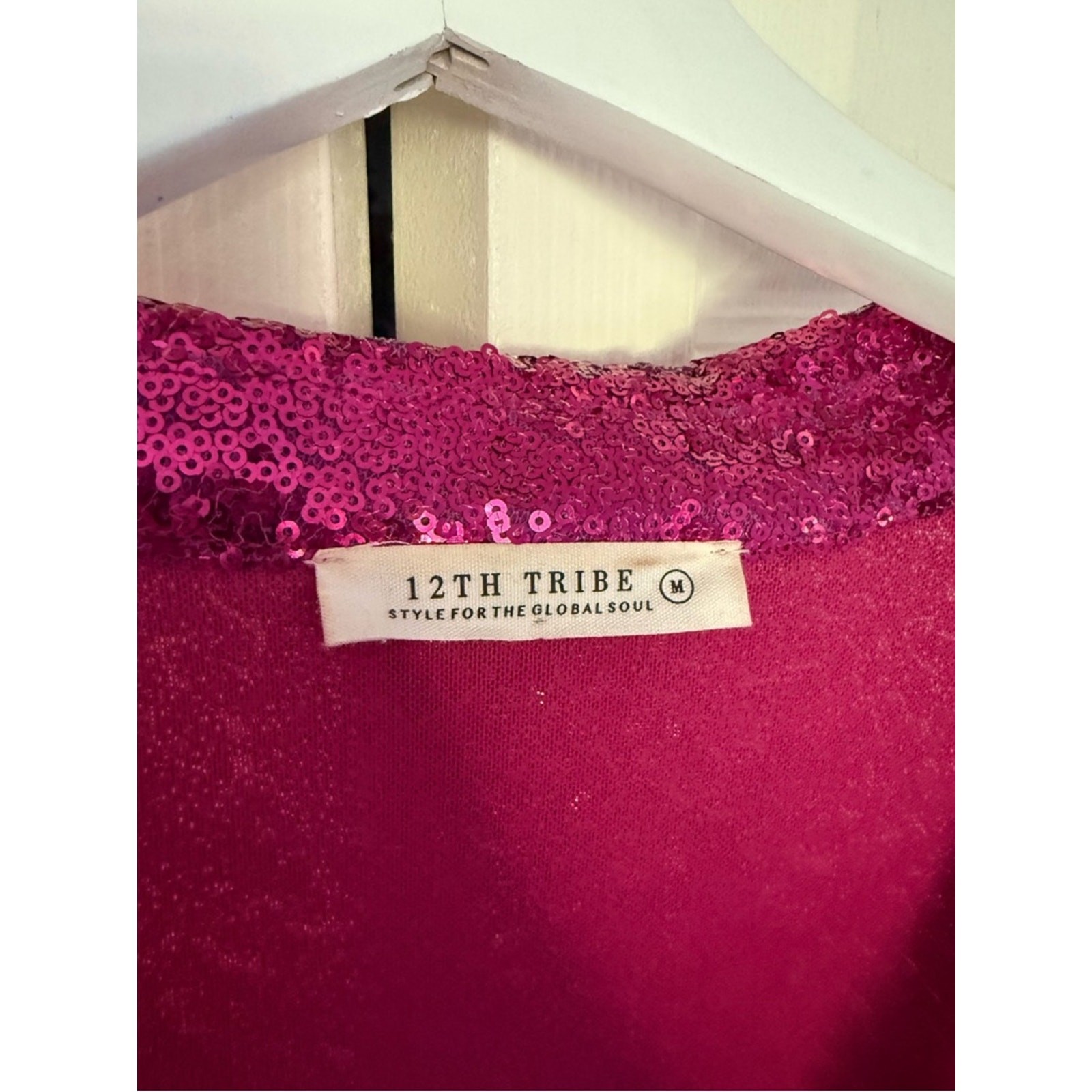 12th Tribe Hot Pink Sequin Long Sleeve Shirt Dress Collared Button Down Medium