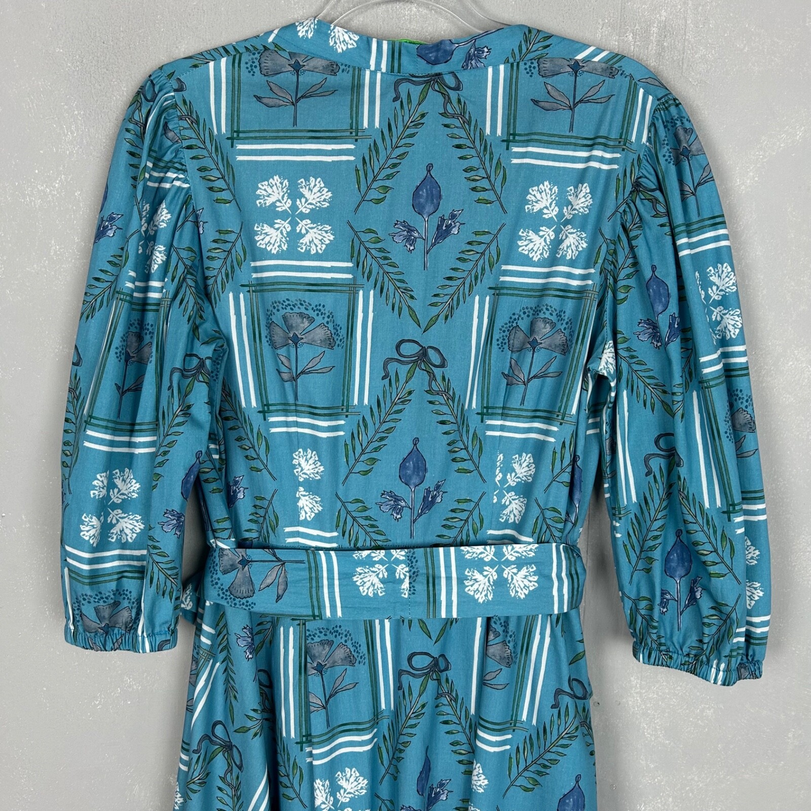 Brooke Wright size L Kitty midi wrap dress blue botanical floral linen cotton