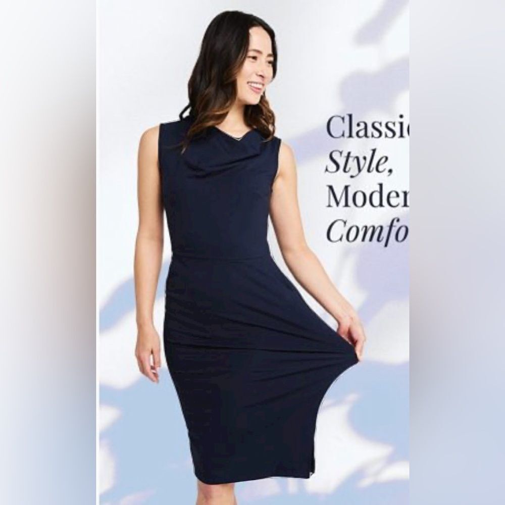 Betabrand Women’s Navy Blue Cowl Neck Stretch Travel Sheath Dress- Size Small
